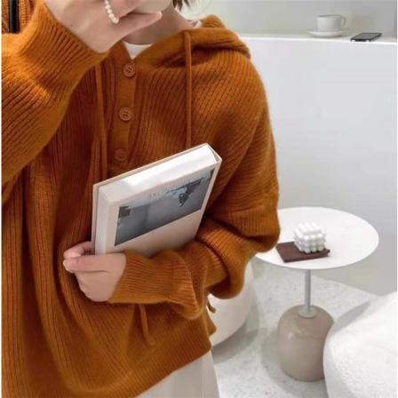 Kvinnor stickat höst vinter tröja enfärgad huva lös retro japansk kappa Brown M
