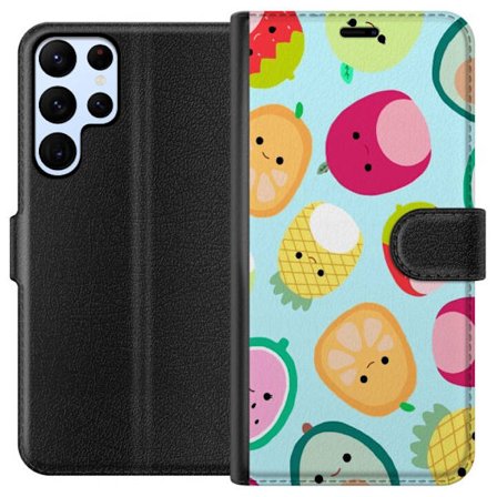 Kompatibel Tegnebogsetui til Samsung Galaxy S24 Ultra Mønster af kawaii frugter som jordbær citron ananas og avocado på lyseblå baggrund