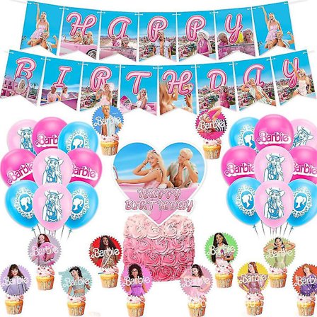 Barbie-elokuvateemaiset ilmapallot - syntymäpäiväjuhlat - vaaleanpunainen koristelu, mukaan lukien banneri, kakunkoriste, cupcake-koristeet, 