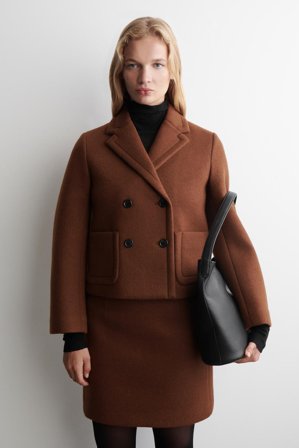 COS Women's Cropped Double-Breasted Wool Blazer in Brown