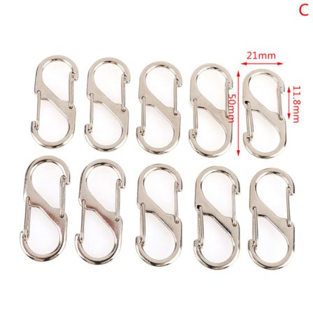 10 stk rustfrit stål S-type karabinhager med lås mini nøglering 51mm