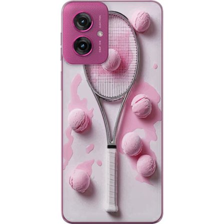 Kompatibel Mobilcover til Motorola Motorola Moto G55 Rosa glaskugler og tennisketsjer i et kreativt stillbillede med legende popfølelse og moderne de