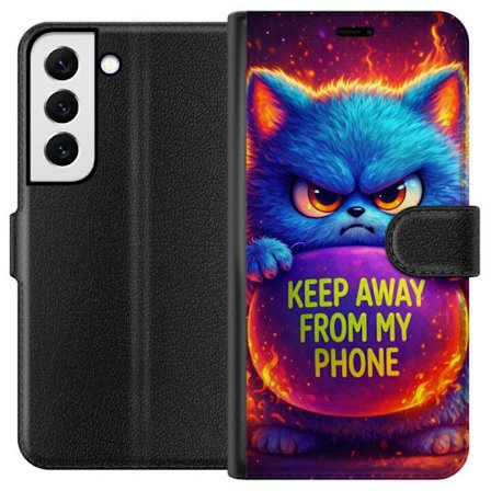 Kompatibel Tegnebogsetui til Samsung Samsung Galaxy S22 5G Vred luvat blå kat med teksten "Hold dig væk fra min telefon" i neonfarver og ildlignende