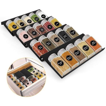 Krydderihylde - pladsbesparende - udtrækkelig fra 30 til 60 cm - justerbare skuffeinddelere