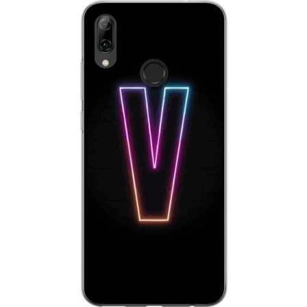 Yhteensopiva Puhelinkuori Huawei Huawei P smart 2019 Neonkirjain V värikoodattu valossa mustaa taustaa vasten, minimalistinen muotoilu selkeällä he