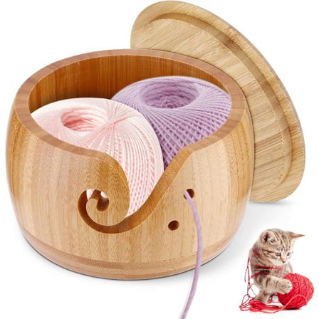 Trestrikket bolle i tre, bolleholder for strikking, bolle for oppbevaring av garn, strikkebolle i bambus med lokk og elegant design, garnholder-