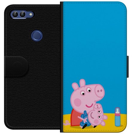 Kompatibelt Lommeboketui til Huawei P smart Peppa Pig alvet tema med krone og tryllestav på rosa bakgrunn, søt barneillustrasjon med Greta Gris i ev