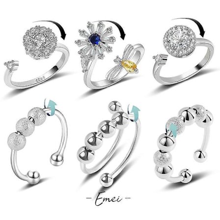 6 st Ångestdämpande Fidgetringar för Kvinnor, Justerbara Öppna Ringar Roterbara Ringar Lugnande Stämningsringar, Kubisk Zirkonia Diamantringar, Bi- 