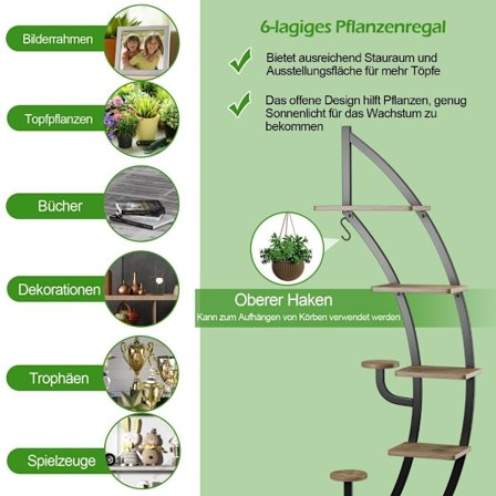 7-kerroksinen metallikasvien jalusta Kaareva puolikuun muotoinen tikkaat kasvien hylly