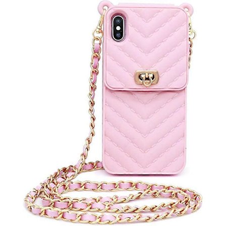 Iphone13 Pro Max plånboksfodral med hals- och budbärarkedja, kreditkortsfack, silikonskal för flickor och kvinnor, stöttåligt, rosa