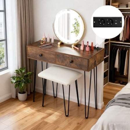 Costway Frisørensemble med Skammel, Justerbar Belysningsspejl, Indbygget Ladestation, 2 Skuffer, Metalben, Ideel Gave