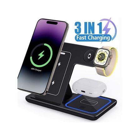 3-i-1 Foldbar Trådløs Oplader Stand med Magnetisk Base til iPhone, Ur, Hovedtelefoner Sort
