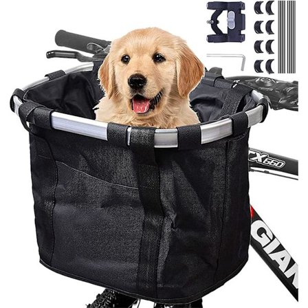 Cykelkorg, avtagbar cykelstyre korg, främre cykel canvas korg bärväska aluminiumlegering husdjursbärare (svart)