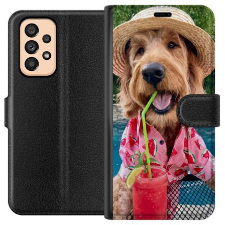 Kompatibelt Plånboksfodral till Samsung Samsung Galaxy A53 5G Sommarhund dryck motiv med glad hund i hatt och rosa skjorta som dricker en smoothie vi