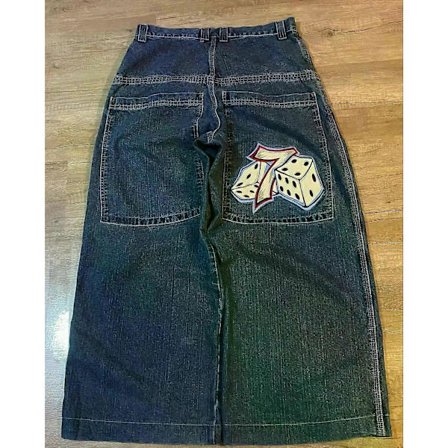 Retro gotiske jeans med høy midje for menn og kvinner Y2k Baggy Svarte Harajuku Hip Hop-mønstre Broderte blå denim bukser Jeans med vide ben