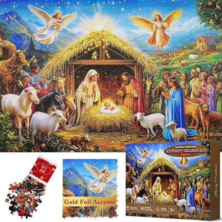 Julekalender med gullfoliedekorasjon for voksne, religiøs julekrybbe 1008-delt puslespill