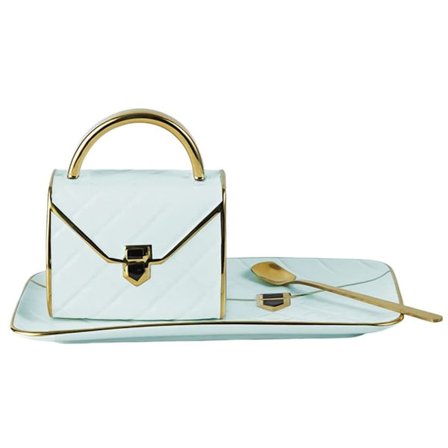 Keramisk kopp og tallerken i håndveskeform, blå KLB