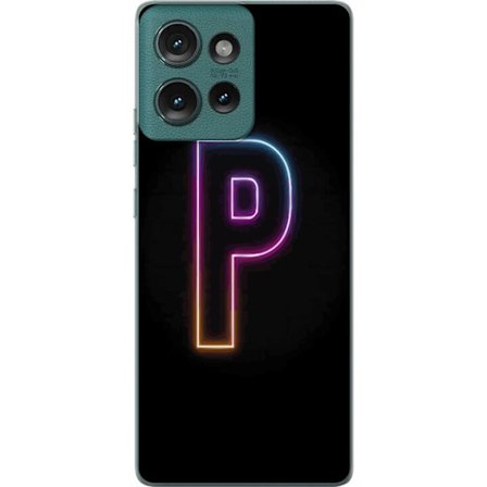 Kompatibel Mobilcover til Motorola Motorola Edge 50 Minimalistisk neonbogstav P i farvegradient og lyseffekt mod sort baggrund i digital neonstil