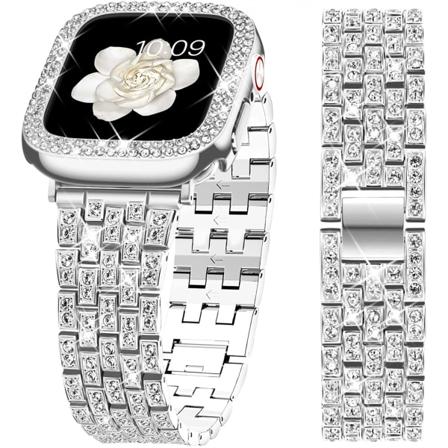Kompatibelt Apple Watch Band med case Series iwatch6/5/4/3/2/1, Bling Full Diamond Rhinestone Women Girl, Silver(44mm)
