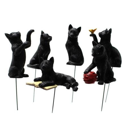 6 stk Miniatyrharpiks Svart Kattfigur Med Glødende Øyne Hagepæl Statuett