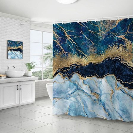 Marmor Duschdraperi, Blå Duschdraperi Set, Abstrakt Lyx Blå Guld Glitter KLB