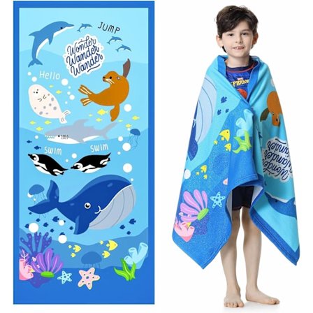 70 x 140 cm - Blå marine dyr - Strandhåndkle for barn, badehåndkle for barn, mikrofiber badehåndkle