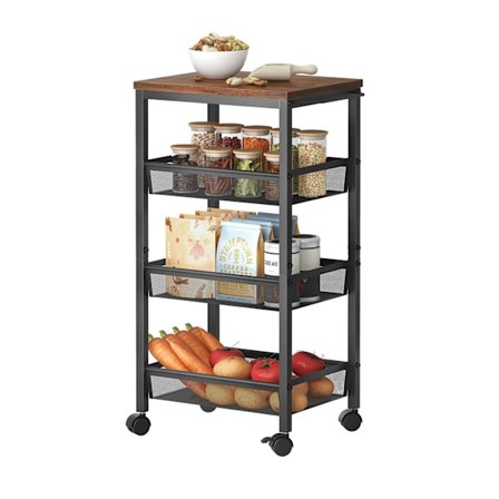 Smal köksvagn med 4 våningar – metall och MDF, mobil förvaring