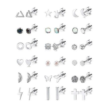 18 par korvakoruja naisille, ruostumattomasta teräksestä, pienet napit, geometriset, litteä takapuoli, setti
