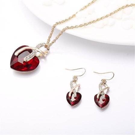 Wabjtam Vintage kvinders krystal kærligheds-hjerte smykkesæt, en halskæde og et par øreringe i hver pakke, rød