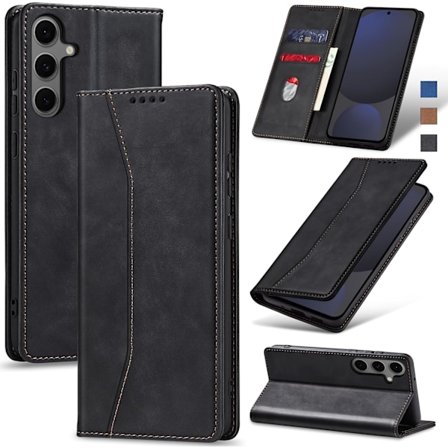 Læder Wallet Flip Cover til Samsung Galaxy S24 FE med Kortholder, Støttefod, Magnetisk Lukning, TPU Stødsikkert Telefon Cover (Sort) Black