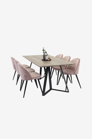 Venture Home - Maggie Spisebord og 6 Velvet stol - Rosa - Spisegruppe 6 personer - Fra Homeroom
