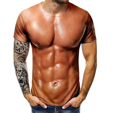 Simulerad Muskelshirt för Män - 3D Bodybuilding Shirt - T-shirt med Naken Hud på Bröstmusklerna