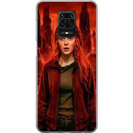 Kompatibelt Mobilskal till Xiaomi Redmi Note 9 Pro Porträtt av en ung kvinna med rött hår i en apokalyptisk landskap, röda blixtar och mörka klip