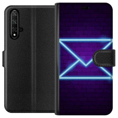 Kompatibelt Plånboksfodral till Honor Honor 20 Neonillustration av kuvert i blått ljus mot lila tegelvägg, modern symbol för meddelanden kommunika