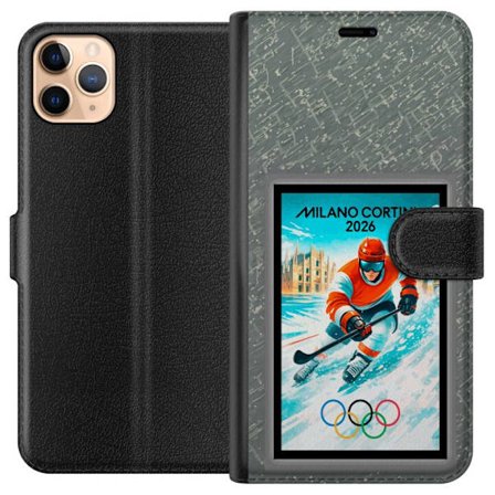 Kompatibelt Lommeboketui til Apple iPhone 11 Pro Max Curlingillustrasjon med spillere og stein på is, Milano Cortina 2026, snøsprut og olympiske ringe