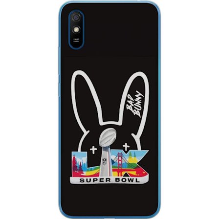 Kompatibel Mobilcover til Xiaomi Redmi 9A Bad Bunny portræt med åben skjorte, tatoveringer og krøllet hår i stilfuld modefotografering