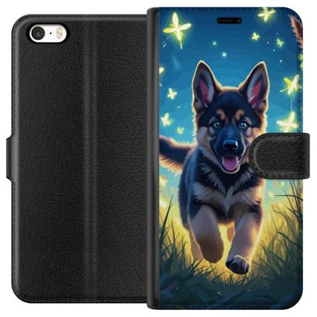 Kompatibelt Lommeboketui til Apple Apple iPhone SE (2016) Tysk schäfer valp plakat valp hund hopper eng fjärler søt hund illustrasjon blå natt kun