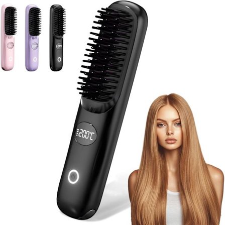Trådløs hårbørste, kompakt og bærbar med LED-display, anti-skålding mini varm hårbørste for kvinner (svart)