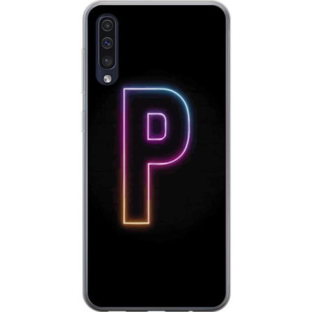 Kompatibel Mobilcover til Samsung Samsung Galaxy A50 Minimalistisk neonbogstav P i farvegradient og lyseffekt mod sort baggrund i digital neonstil