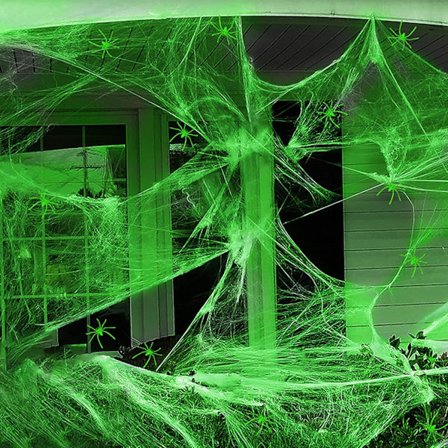 Halloween Edderkoppespind, uhyggeligt edderkoppespind, selvlysende spind, hjemsøgt husindretning, kunstigt edderkoppespind, Halloween udendørs 