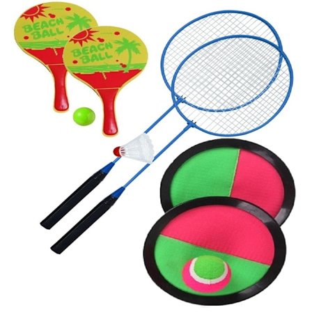 Strand Spel Kit . BADMINTON SET, CATCH-BALL SET o STRANDTENNIS-SET