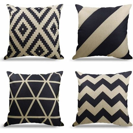 4 Linnekuddöverdrag 45x45cm, Svart-Beige, för Soffa, Säng, Trädgård - Dekorativa u0026 Slitstarka