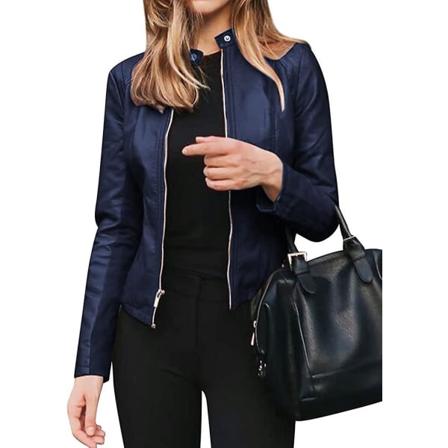 Naisten tekonahasta valmistettu kevyt tekamokkanahkainen moottoripyörätakki, vetoketjullinen lyhyt tekonahasta valmistettu päällystakki Navy Small