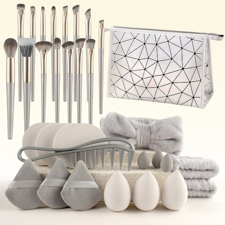 32-osainen harmaa kauneustyökalusetti, suuri yhdistelmä kasvojen pesuun ja meikkaamiseen.