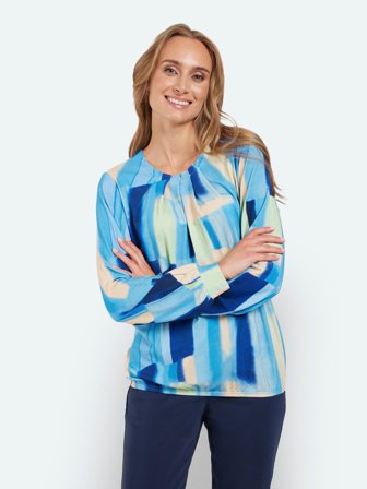 SIGNATURE - Langærmet T-shirt - Blå Mix - Mønstret / Elastik i Taljen