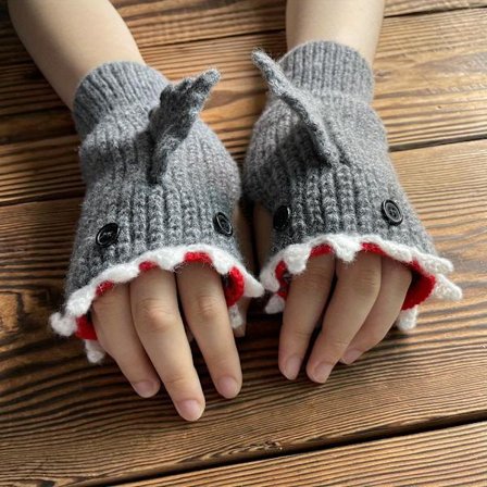 Vinter Bohemi fingerløse handsker til kvinder med hajmønster - dyreprint grå & hvid med rød kant, elastiske varme fritidshandsker til 