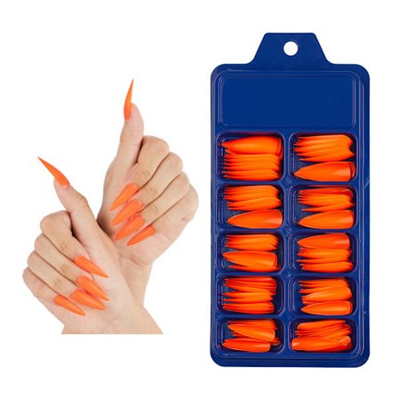 Orangefarvede, ensfarvede, blandede farver, spidse falske negle, wearin