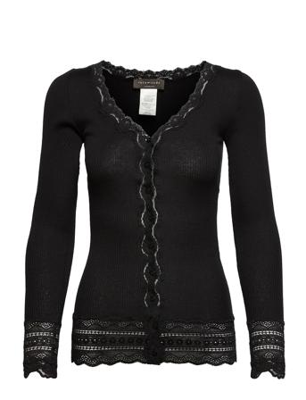 Silk Cardigan Ls W/Wide Lace Strikket Trøje Cardigan Sort Rosemunde
