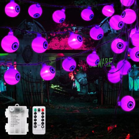 Halloween-lyskæde, 30 LED vandtætte dekorative batteridrevne lys, øjenæble LED-ferielys med 8 tilstande fjernbetjening (lilla)