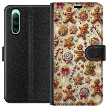 Yhteensopiva Lompakkokotelo Sony Xperia 10 IV Joulumotiiivi piparkakkujen, tankojen ja värikkäiden joulusuklaisten kanssa